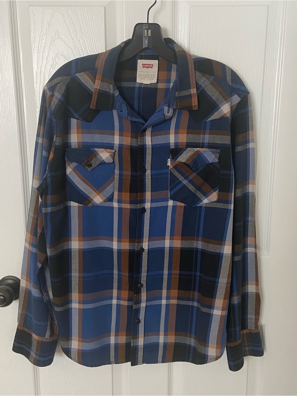 Vintage Levi’s Plaid Western Shirt Mens Large Blue Brown button Style Cotton